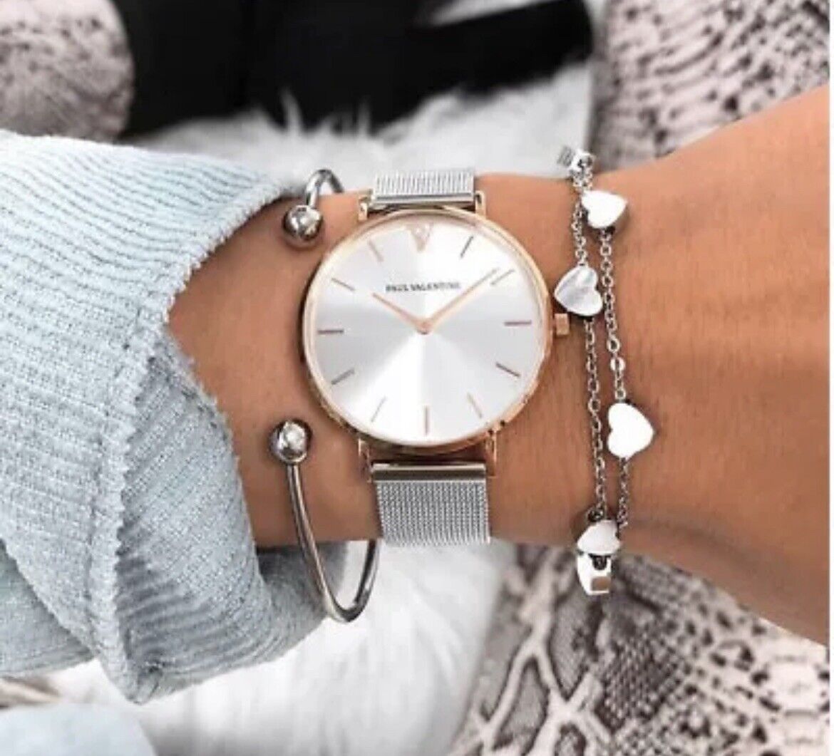 PAUL VALENTINE - ROSÉGOLD SILVER SUNRAY MESH 36MM DAMEN NEU 36461