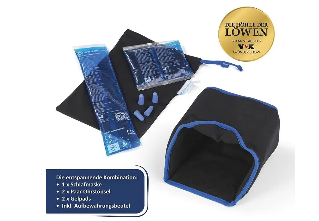 mysleepmask Schlafmaske Ohrstöpsel Gelpads Aufbewahrungsbeutel Migräne L/XL