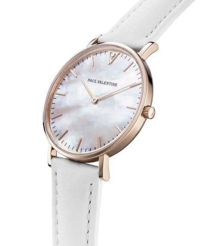 PAUL VALENTINE klassische Damenuhr 36mm Rosegold Lederarmband in weiß NEU 36516
