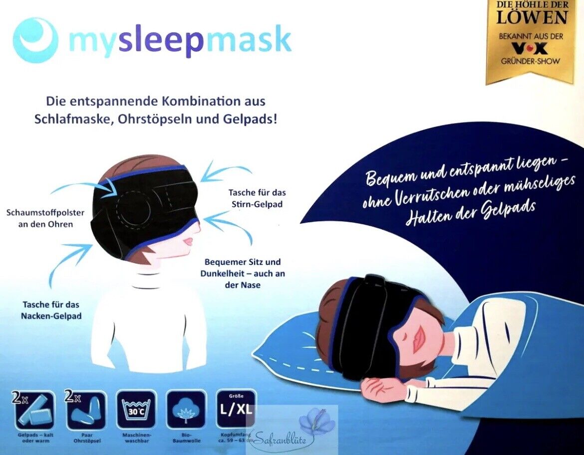 mysleepmask Schlafmaske Ohrstöpsel Gelpads Aufbewahrungsbeutel Migräne L/XL