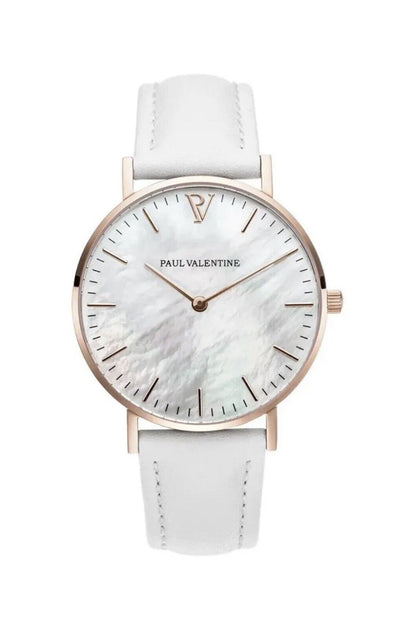 PAUL VALENTINE klassische Damenuhr 36mm Rosegold Lederarmband in weiß NEU 36516