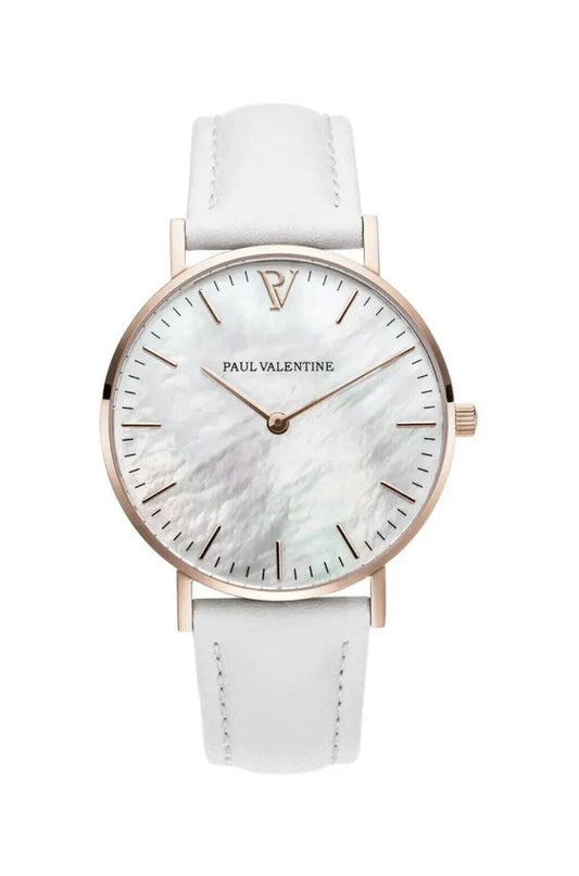 PAUL VALENTINE klassische Damenuhr 36mm Rosegold Lederarmband in weiß NEU 36516