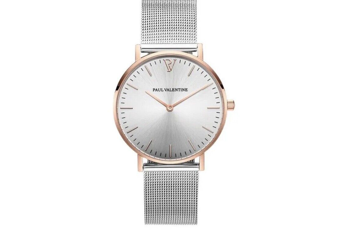 PAUL VALENTINE - ROSÉGOLD SILVER SUNRAY MESH 36MM DAMEN NEU 36461